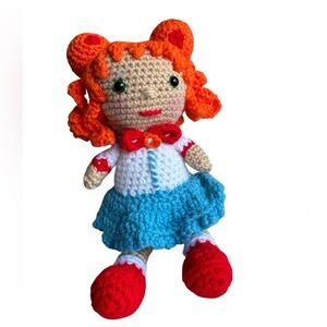 Handmade Crochet Doll with Orange Hair and Blue Skirt